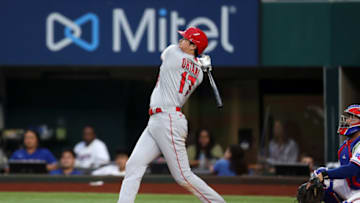 ARLINGTON, TEXAS - APRIL 26: Shohei Ohtani #17 of the Los Angeles Angels hits a double against the Texas Rangers in the second inning at Globe Life Field on April 26, 2021 in Arlington, Texas. (Photo by Ronald Martinez/Getty Images)