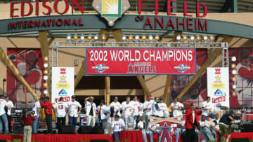 ANAHEIM, CA - OCTOBER 29: The Anaheim Angels take the stage as the World Series Victory Parade celebration concludes in front of Edison International Field on October 29, 2002 in Anaheim, California. (Photo by: Donald Miralle/Getty Images)