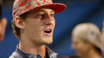 ST. PETERSBURG, FL - JUNE 10: Los Angeles Angels' 2015 first round draft pick, catcher Taylor Ward, of Fresno State, speaks to the media before the start of a game between the Los Angeles Angels and the Tampa Bay Rays on June 10, 2015 at Tropicana Field in St. Petersburg, Florida. (Photo by Brian Blanco/Getty Images)