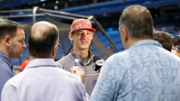 ST. PETERSBURG, FL - JUNE 10: Los Angeles Angels' 2015 first round draft pick, catcher Taylor Ward, of Fresno State, speaks to the media before the start of a game between the Los Angeles Angels and the Tampa Bay Rays on June 10, 2015 at Tropicana Field in St. Petersburg, Florida. (Photo by Brian Blanco/Getty Images)