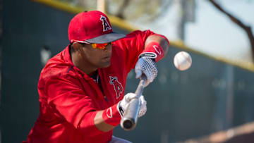 TEMPE, AZ - FEBRUARY 29: Roberto Baldoquin #74 of the Los Angeles Angels of Anaheim bunts during spring training on February 29, 2016 at Tempe Diablo Stadium in Tempe, Arizona. (Photo by Matt Brown/Angels Baseball LP/Getty Images)