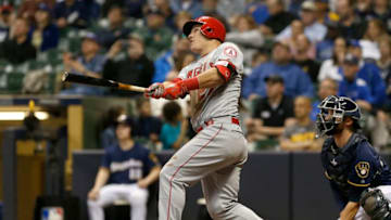 MILWAUKEE, WI - MAY 2: Mike Trout #27 of the Los Angeles Angels of Anaheim hits a home run in the sixth inning against the Milwaukee Brewers at Miller Park on May 2, 2016 in Milwaukee, Wisconsin. (Photo by Dylan Buell/Getty Images)