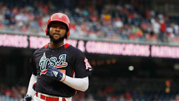 WASHINGTON, DC - JULY 15: Jo Adell of the U.S. Team scores on a passed ball against the World Team in the seventh inning during the SiriusXM All-Star Futures Game at Nationals Park on July 15, 2018 in Washington, DC. (Photo by Patrick McDermott/Getty Images)