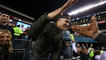 PHILADELPHIA, PA - JANUARY 21: Mike Trout of the Los Angeles Angels of Anaheim celebrates after the Philadelphia Eagles defeated the Minnesota Vikings 38-7 in their NFC Championship game at Lincoln Financial Field on January 21, 2018 in Philadelphia, Pennsylvania. (Photo by Al Bello/Getty Images)