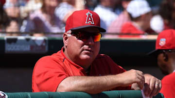 GOODYEAR, AZ - MARCH 16: Manager Mike Scioscia #14 of the Los Angeles Angels of Anaheim looks on from the bench prior to the start of a spring training game against the Cleveland Indians at Goodyear Ballpark on March 16, 2016 in Goodyear, Arizona. Angels won 6-3. (Photo by Norm Hall/Getty Images)