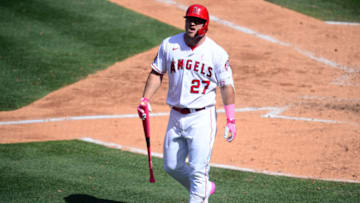 May 9, 2021; Anaheim, California, USA; Los Angeles Angels center fielder Mike Trout (27) reacts after striking out against the Los Angeles Dodgers during the sixth inning at Angel Stadium. Mandatory Credit: Gary A. Vasquez-USA TODAY Sports