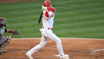 May 18, 2021; Anaheim, California, USA; Los Angeles Angels designated hitter Shohei Ohtani (17) hits a solo home run against the Cleveland Indians in the first inning at Angel Stadium. Mandatory Credit: Richard Mackson-USA TODAY Sports