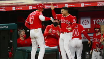May 25, 2021; Anaheim, California, USA; Los Angeles Angels designated hitter Shohei Ohtani (17) is greeted by shortstop Jose Iglesias (4) after hitting a three run home run against the Texas Rangers during the fourth inning at Angel Stadium. Mandatory Credit: Gary A. Vasquez-USA TODAY Sports