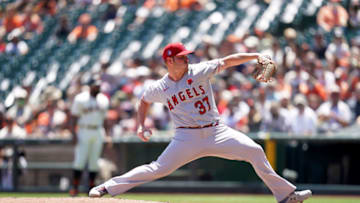 May 31, 2021; San Francisco, California, USA; Los Angeles Angels pitcher Dylan Bundy (37) delivers a pitch against the San Francisco Giants. Mandatory Credit: Cary Edmondson-USA TODAY Sports