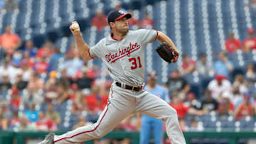 Jul 29, 2021; Philadelphia, Pennsylvania, USA; Washington Nationals starting pitcher Max Scherzer (31) throws a pitch during the first inning against the Philadelphia Phillies at Citizens Bank Park. Mandatory Credit: Bill Streicher-USA TODAY Sports