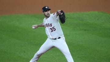 Oct 29, 2019; Houston, TX, USA; Houston Astros starting pitcher Justin Verlander (35) throws a pitch against the Washington Nationals in game six of the 2019 World Series at Minute Maid Park. Mandatory Credit: Thomas B. Shea-USA TODAY Sports