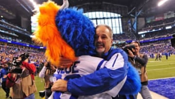 Jan 3, 2016; Indianapolis, IN, USA; Jan 3, 2016; Indianapolis, IN, USA; Indianapolis Colts head coach Chuck Pagano hugs the Indianapolis Colts mascot after the game against the Tennesse Titans at Lucas Oil Stadium. The Indianapolis Colts defeated the Tennessee Titans, 30-24. Mandatory Credit: Thomas J. Russo-USA TODAY Sports