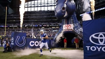 Nov 29, 2015; Indianapolis, IN, USA; Indianapolis Colts place kicker Adam Vinatieri (4) runs onto the field during player introductions before the game against the Tampa Bay Buccaneers at Lucas Oil Stadium. Mandatory Credit: Brian Spurlock-USA TODAY Sports