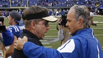 Oct 25, 2015; Indianapolis, IN, USA; New Orleans Saints coach Sean Payton shakes hands after the game with Indianapolis Colts coach Chuck Pagano at Lucas Oil Stadium. New Orleans defeats Indianapolis 27-21. Mandatory Credit: Brian Spurlock-USA TODAY Sports