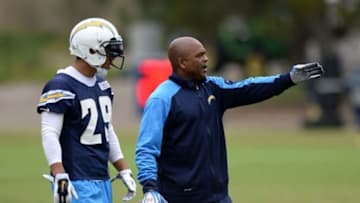 May 26, 2015; San Diego, CA, USA; San Diego Chargers cornerback Craig Mager (29) listenes to assistant defensive back coach Greg Williams (R) during organized team activities at Charger Park. Mandatory Credit: Jake Roth-USA TODAY Sports