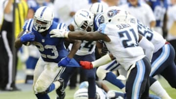 Sep 27, 2015; Nashville, TN, USA; Indianapolis Colts running back Frank Gore (23) runs for a first down during the second half against the Tennessee Titans at Nissan Stadium. The Colts won 35-33. Mandatory Credit: Christopher Hanewinckel-USA TODAY Sports