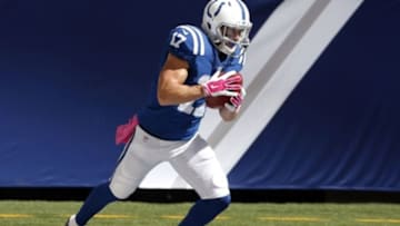 Oct 4, 2015; Indianapolis, IN, USA; Indianapolis Colts wide receiver Griff Whalen (17) returns a kickoff against the Jacksonville Jaguars at Lucas Oil Stadium. Mandatory Credit: Brian Spurlock-USA TODAY Sports