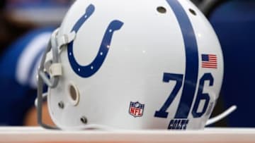 Sep 13, 2015; Orchard Park, NY, USA; A general view of a Indianapolis Colts helmet during the game against the Buffalo Bills at Ralph Wilson Stadium. Mandatory Credit: Kevin Hoffman-USA TODAY Sports