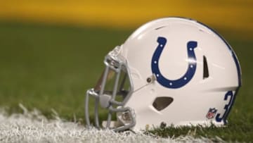 Dec 6, 2015; Pittsburgh, PA, USA; An Indianapolis Colts helmet sits on the field before the Pittsburgh Steelers host the Colts at Heinz Field. The Steelers won 45-10. Mandatory Credit: Charles LeClaire-USA TODAY Sports