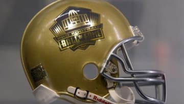 Aug 7, 2015; Canton, OH, USA; General view of the Pro Football Hall of Fame logo helmet at the Pro Football Hall of Fame. Mandatory Credit: Kirby Lee-USA TODAY Sports