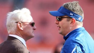 Dec 7, 2014; Cleveland, OH, USA; Cleveland Browns owner Jimmy Haslam talks with Indianapolis Colts assistant coach Rob Chudzinski before a game at FirstEnergy Stadium. Chudzinski was formerly the Cleveland Browns head coach. Mandatory Credit: Ron Schwane-USA TODAY Sports