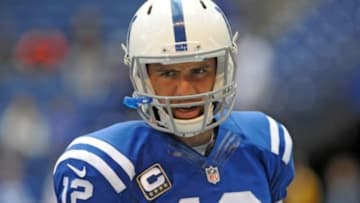 Oct 25, 2015; Indianapolis, IN, USA; Indianapolis Colts quarterback Andrew Luck (12) warms up prior to the game against the New Orleans Saints at Lucas Oil Stadium. Mandatory Credit: Thomas J. Russo-USA TODAY Sports