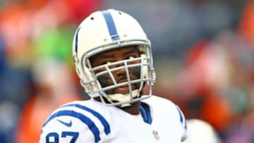 Jan 11, 2015; Denver, CO, USA; Indianapolis Colts defensive end Arthur Jones (97) against the Denver Broncos in the 2014 AFC Divisional playoff football game at Sports Authority Field at Mile High. The Colts defeated the Broncos 24-13. Mandatory Credit: Mark J. Rebilas-USA TODAY Sports