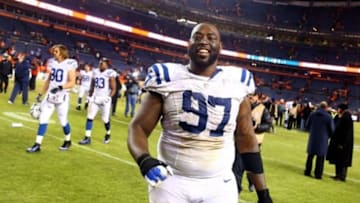 Jan 11, 2015; Denver, CO, USA; Indianapolis Colts defensive end Arthur Jones (97) against the Denver Broncos in the 2014 AFC Divisional playoff football game at Sports Authority Field at Mile High. The Colts defeated the Broncos 24-13. Mandatory Credit: Mark J. Rebilas-USA TODAY Sports