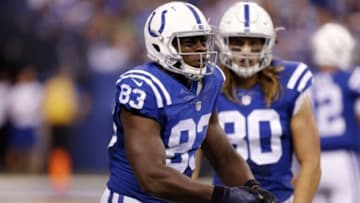 Sep 21, 2015; Indianapolis, IN, USA; Indianapolis Colts tight end Dwayne Allen (83) reacts to a holding call during a game against the New York Jets at Lucas Oil Stadium. Mandatory Credit: Brian Spurlock-USA TODAY Sports