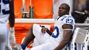 Aug 29, 2015; St. Louis, MO, USA; Indianapolis Colts running back Frank Gore (23) sits on the bench in the game against the St. Louis Rams during the second half at the Edward Jones Dome. Mandatory Credit: Jasen Vinlove-USA TODAY Sports