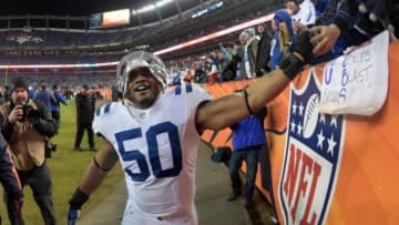 Jan 11, 2015; Denver, CO, USA; Indianapolis Colts linebacker Jerrell Freeman (50) celebrates after the NFL divisional playoff game against the Denver Broncos at Sports Authority Field at Mile High Stadium. Mandatory Credit: Kirby Lee-USA TODAY Sports