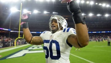 Oct 9, 2014; Houston, TX, USA; Indianapolis Colts cornerback Jerrell Freeman (50 celebrates after the game against the Houston Texans at NRG Stadium. The Colts defeated the Texans 33-28. Mandatory Credit: Kirby Lee-USA TODAY Sports