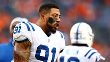 Jan 11, 2015; Denver, CO, USA; Indianapolis Colts linebacker Jonathan Newsome (91) against the Denver Broncos in the 2014 AFC Divisional playoff football game at Sports Authority Field at Mile High. The Colts defeated the Broncos 24-13. Mandatory Credit: Mark J. Rebilas-USA TODAY Sports