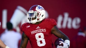 Nov 7, 2015; Bloomington, IN, USA; Indiana Hoosiers running back Jordan Howard (8) reacts to scoring a touchdown during the first half of the game against the Iowa Hawkeyes at Memorial Stadium. Mandatory Credit: Marc Lebryk-USA TODAY Sports
