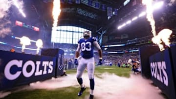 Dec 20, 2015; Indianapolis, IN, USA; Indianapolis Colts tight end Dwayne Allen(83) takes the field during player introductions prior to the game against the Houston Texans at Lucas Oil Stadium. Mandatory Credit: Thomas J. Russo-USA TODAY Sports