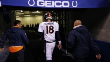 Nov 8, 2015; Indianapolis, IN, USA; Denver Broncos quarterback Peyton Manning (18) walks off the field after the game against the Indianapolis Colts at Lucas Oil Stadium. Indianapolis defeats Denver 27-24. Mandatory Credit: Brian Spurlock-USA TODAY Sports