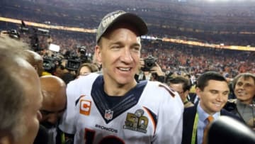 Feb 7, 2016; Santa Clara, CA, USA; Denver Broncos quarterback Peyton Manning (18) reacts after beating the Carolina Panthers in Super Bowl 50 at Levi