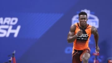Feb 21, 2015; Indianapolis, IN, USA; Miami Hurricanes wide receiver Phillip Dorsett runs the 40 yard dash during the 2015 NFL Combine at Lucas Oil Stadium. Mandatory Credit: Brian Spurlock-USA TODAY Sports