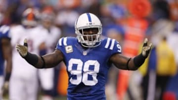 Nov 8, 2015; Indianapolis, IN, USA; Indianapolis Colts linebacker Robert Mathis (98) motions for the crowd to make some noise during a game against the Denver Broncos at Lucas Oil Stadium. Mandatory Credit: Brian Spurlock-USA TODAY Sports