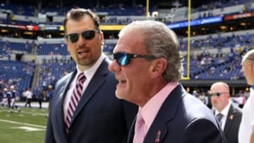 Oct 4, 2015; Indianapolis, IN, USA; Indianapolis Colts owner Jim Irsay and general manager Ryan Grigson walk the sidelines before the game against the Jacksonville Jaguars at Lucas Oil Stadium. Indianapolis defeats Jacksonville 16-13 in overtime. Mandatory Credit: Brian Spurlock-USA TODAY Sports