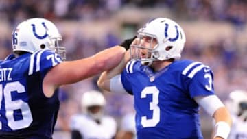 Jan 3, 2016; Indianapolis, IN, USA; Indianapolis Colts quarterback Ryan Lindley (3) celebrates a first half touchdown pass against the Tennessee Titans at Lucas Oil Stadium. Mandatory Credit: Thomas J. Russo-USA TODAY Sports