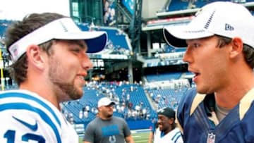 Indianapolis Colts quarterback Andrew Luck (12) greets St. Louis Rams quarterback Sam Bradford (8) after the game. The Indianapolis Colts win 38-3 over the St. Louis Rams in their first preseason game on Sunday, August 12, 2012, in Indianapolis, Indiana. August 12, 2012| Credit: MCT