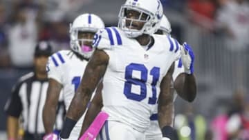 Oct 8, 2015; Houston, TX, USA; Indianapolis Colts wide receiver Andre Johnson (81) reacts after scoring a touchdown during the first quarter against the Houston Texans at NRG Stadium. Mandatory Credit: Troy Taormina-USA TODAY Sports