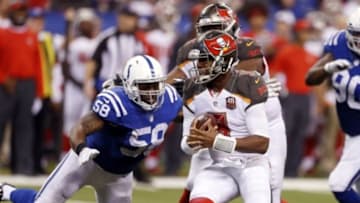 Nov 29, 2015; Indianapolis, IN, USA; Indianapolis Colts tight linebacker Trent Cole (58) sacks Tampa Bay Buccaneers quarterback Jameis Winston (3) at Lucas Oil Stadium. Indianapolis defeats Tampa Bay 25-12. Mandatory Credit: Brian Spurlock-USA TODAY Sports