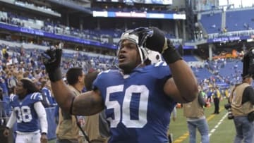 Oct 19, 2014; Indianapolis, IN, USA; Indianapolis Colts inside linebacker Jerrell Freeman (50) walks off the field after the game against the Cincinnati Bengals at Lucas Oil Stadium. The Colts defeated the Bengals 27-0. Mandatory Credit: Pat Lovell-USA TODAY Sports
