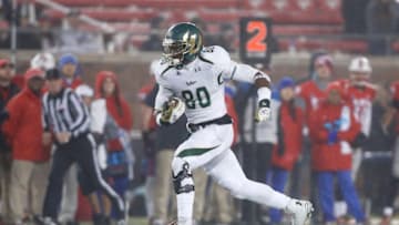 Nov 15, 2014; Dallas, TX, USA; South Florida Bulls tight end Mike McFarland (80) runs after making a catch in the fourth quarter against the Southern Methodist Mustangs at Gerald J. Ford Stadium. South Florida beat Southern Methodist 14-13. Mandatory Credit: Tim Heitman-USA TODAY Sports