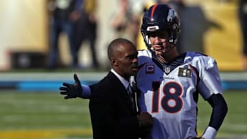 Feb 7, 2016; Santa Clara, CA, USA; Denver Broncos quarterback Peyton Manning (18) on the field before Super Bowl 50 against the Carolina Panthers at Levi