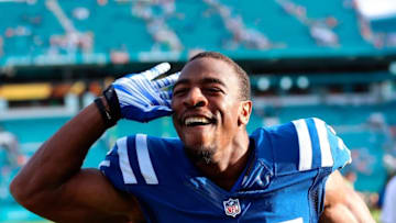 Dec 27, 2015; Miami Gardens, FL, USA; Indianapolis Colts defensive back Akeem Davis (35) celebrates after a game against the Miami Dolphins at Sun Life Stadium. The Colts won 18-12. Mandatory Credit: Steve Mitchell-USA TODAY Sports