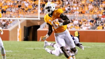 Sep 19, 2015; Knoxville, TN, USA; Tennessee Volunteers wide receiver Marquez North (8) runs the ball against the Western Carolina Catamounts during the first half at Neyland Stadium. Mandatory Credit: Randy Sartin-USA TODAY Sports