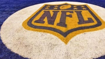 Sep 21, 2015; Indianapolis, IN, USA; General view of NFL golden shield logo to commemorate Super Bowl 50 in the end zone at Lucas Oil Stadium. Mandatory Credit: Kirby Lee-USA TODAY Sports